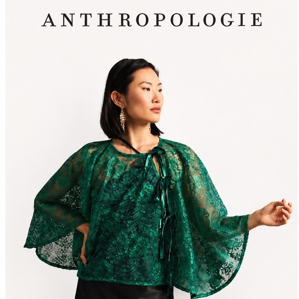 Anthropologie Green Lace Poncho Top